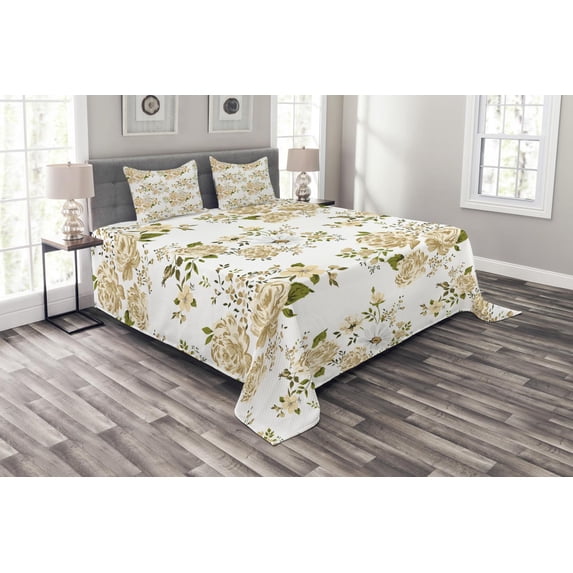 Ambesonne Flowers Quilted Bedspread Set 3 Pcs, Floral Roses Vector, Queen Size, White and Beige
