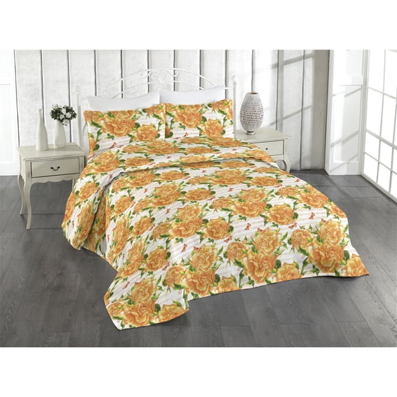 Ambesonne Flowers Quilted Bedspread Set 3 Pcs, Music with Floral Boho Art, Twin, Marigold Fern Green