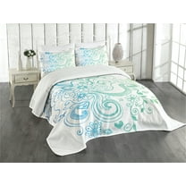 Ambesonne Flowers Quilted Bedspread Set 3 Pcs, Ombre Sketchy Floral, King Size, Turquoise White