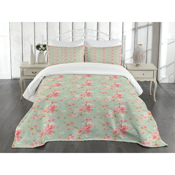 Ambesonne Flowers Quilted Bedspread Set 3 Pcs, Retro Spring Blossoms, Queen Size, Mint Pink
