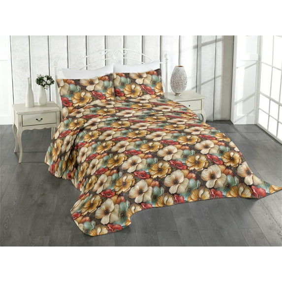 Ambesonne Flowers Quilted Coverlet 3 Pcs, Retro poppy Branches Print, King Size, Amber Seafoam and Brown