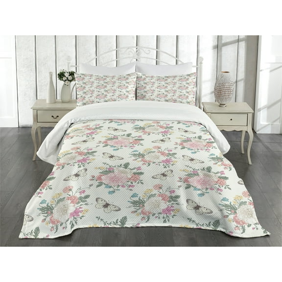 Ambesonne Flowers Quilted Bedspread Set 3 Pcs, Roses Bouquet, Queen Size, Pale Pink Green