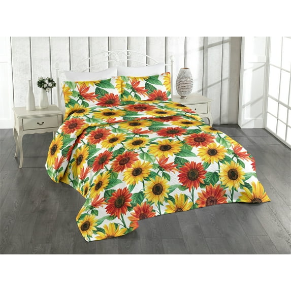 Ambesonne Flowers Quilted Bedspread Set 3 Pcs, Sunflower Gerbera Blooms, King, Scarlet Mustard and Green