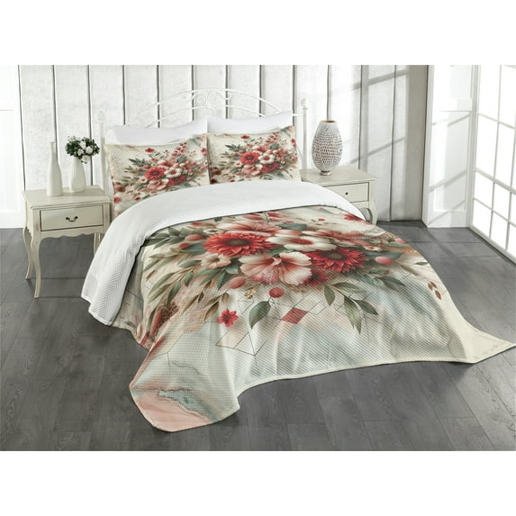 Ambesonne Flowers Quilted Bedspread Set 3 Pcs, Tender Floral Marble Print, Queen Size, Pale Ruby and Laurel Green