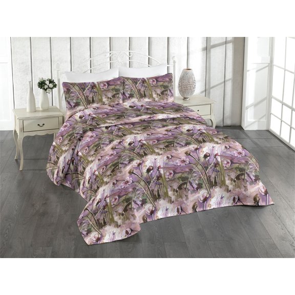 Ambesonne Flowers Quilted Bedspread Set 3 Pcs, Watercolor Meadow Flowers, Twin, Mauve Army Green and Rose