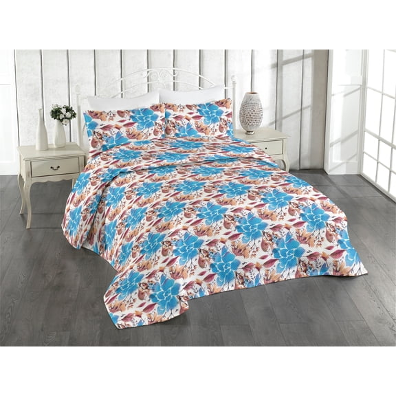 Ambesonne Flowers Quilted Bedspread Set 3 Pcs, Watercolor Neutral Floral, Queen, Deep Sky Blue Sand Brown