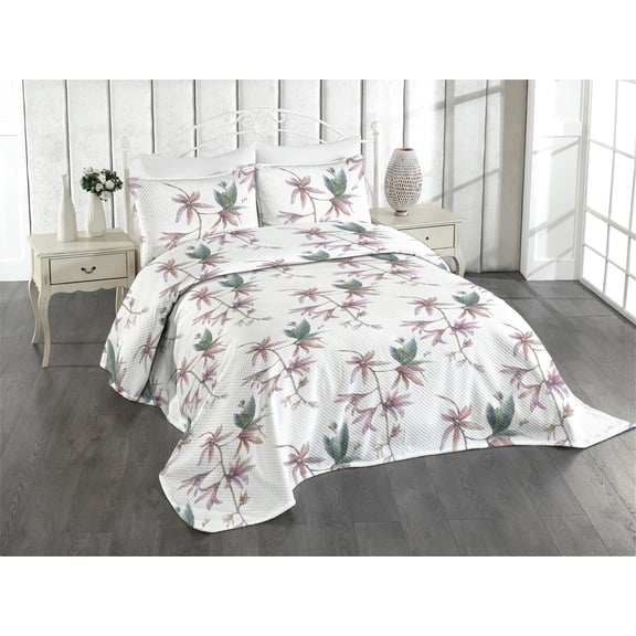 Ambesonne Flowers Quilted Coverlet 2 Pcs, Innocent Leaves Exotic Art, Twin Size, Almond Lilac and Grey Teal