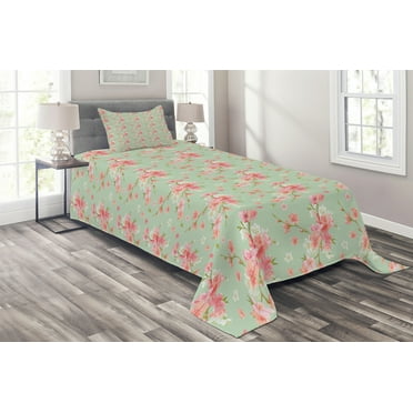 Ambesonne Flowers Quilted Coverlet 2 Pcs, Retro Spring Blossoms, Twin Size, Mint Pink