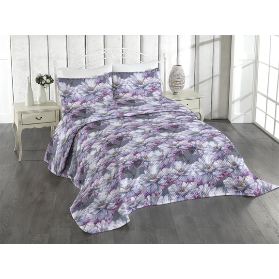 Ambesonne Flowers Quilted Coverlet 2 Pcs, Wild Roses Vintage Floral, Twin Size, Purpleblue Lilac and Fuchsia