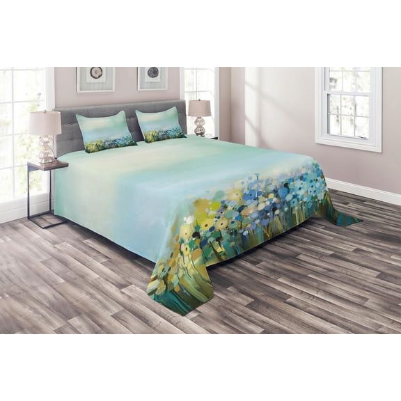 Ambesonne Flowers Quilted Coverlet 3 Pcs, Aqua Painting Effect, Queen Size, Pale Blue
