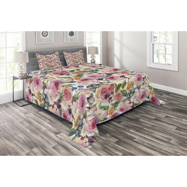 Ambesonne Flowers Quilted Coverlet 3 Pcs, Shabby Plant Rose Floral, Queen Size, Multicolor