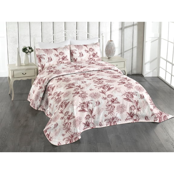 Ambesonne Flowers Quilted Coverlet 3 Pcs, Spring Floral Chevron Art, Queen Size, Chocolate and Pale Pink
