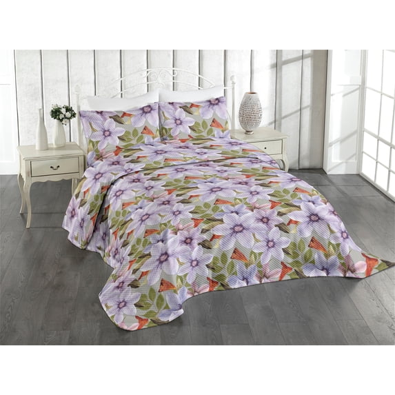 Ambesonne Flowers Quilted Coverlet 3 Pcs, Spring Petals Floral Print, Queen Size, Lavender Pale Sepia and Green