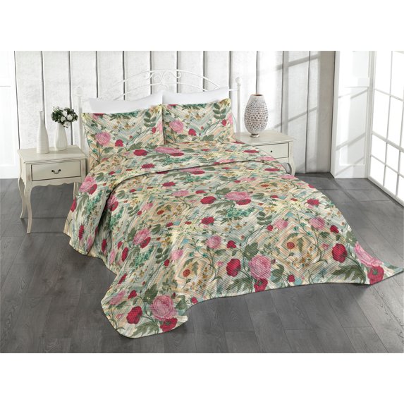 Ambesonne Flowers Quilted Coverlet 3 Pcs, Victorian Floral Pattern, Queen Size, Pink and Multicolor