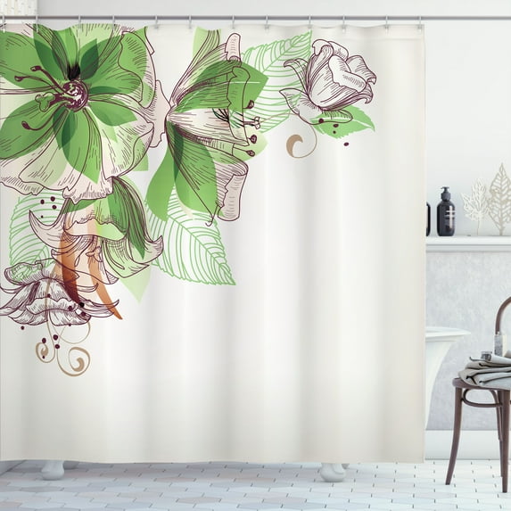 Ambesonne Flowers Shower Curtain, Buds Leaf Themed Print Art, 69"Wx70"L, Fern Green White