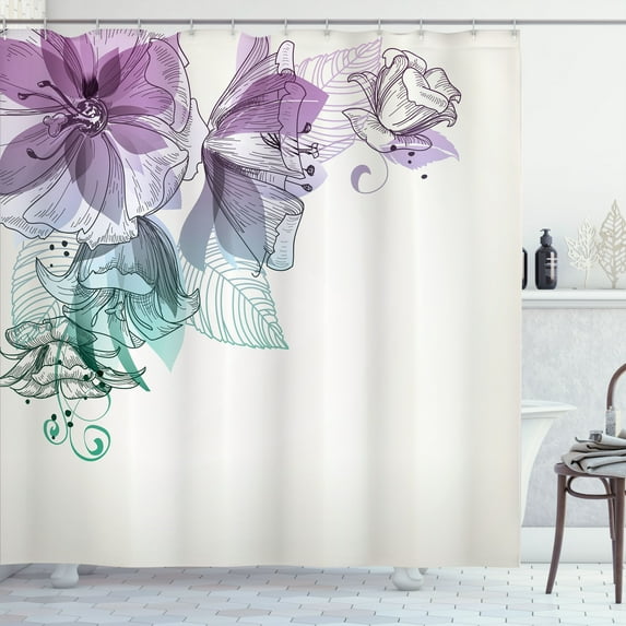 Ambesonne Flowers Shower Curtain, Buds Leaf Themed Print Art, 69"Wx70"L, Lilac Teal White