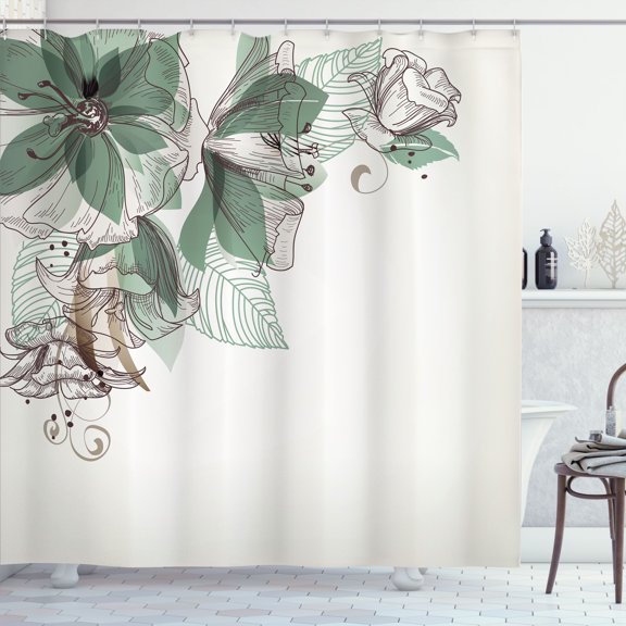 Ambesonne Flowers Shower Curtain, Buds Leaf Themed Print Art, 69"Wx84"L, Jade Green White