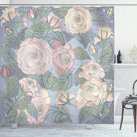 Ambesonne Flowers Shower Curtain, Floral Design Pink Roses, 69"Wx70"L, Blush Ceil Blue
