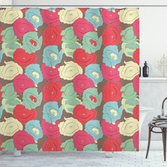 Ambesonne Flowers Shower Curtain, Multicolored Poppy Blossoms, 69"Wx75"L, Dark Coral Multicolor