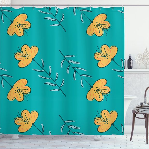 Ambesonne Flowers Shower Curtain, Springtime Meadow Blooms, 69"Wx70"L, Teal and Pale Orange