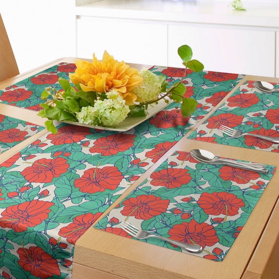 Ambesonne Flowers Table Runner & Placemats, Hibiscus Blossom Tropic Art, Placemat 4 pcs + Runner 14"x90", Scarlet Sea Green
