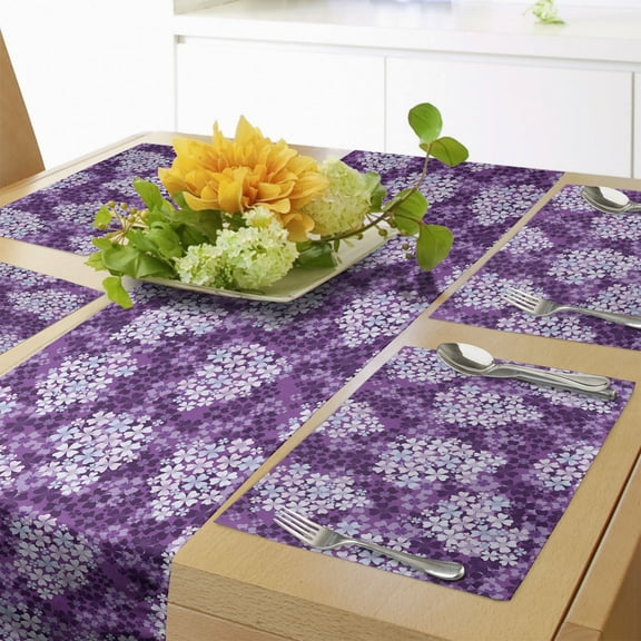 Ambesonne Flowers Table Runner & Placemats, Hydrangea Lilacs Field, Placemat 4 pcs + Runner 12"x72", Pale Blue Purple White
