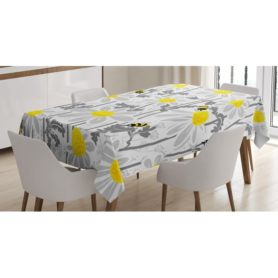 Ambesonne Flowers Tablecloth Rectangular Table Cover, Daisy Leaf Spring Time, 60"x90", Yellow White
