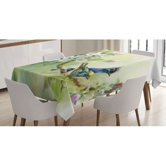 Ambesonne Flowers Tablecloth Rectangular Table Cover, Watercolor Birds Spring, 52"x70", Reseda Green and Yellow