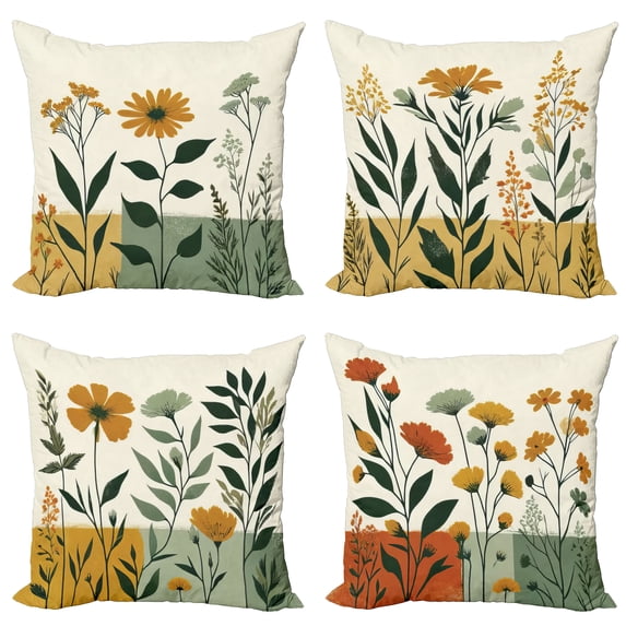 Ambesonne Flowers Throw Pillow Cover 4 Pack, Grunge Botanical Rural Boho, 20", Amber Emerald Green
