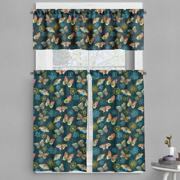 Ambesonne Flowers Valance & Curtain, Butterflies and Flowers, 55"x24", Yellow and Petrol Blue