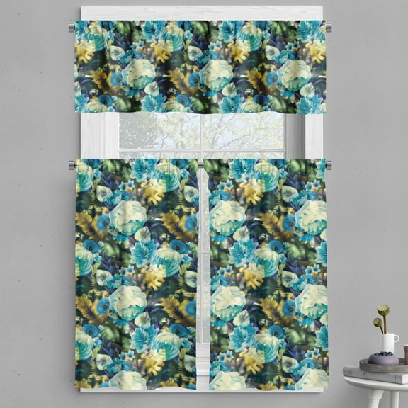 Ambesonne Flowers Valance & Curtain, Floral Botany Pattern Print, 55"x36", Mustard Teal Blue
