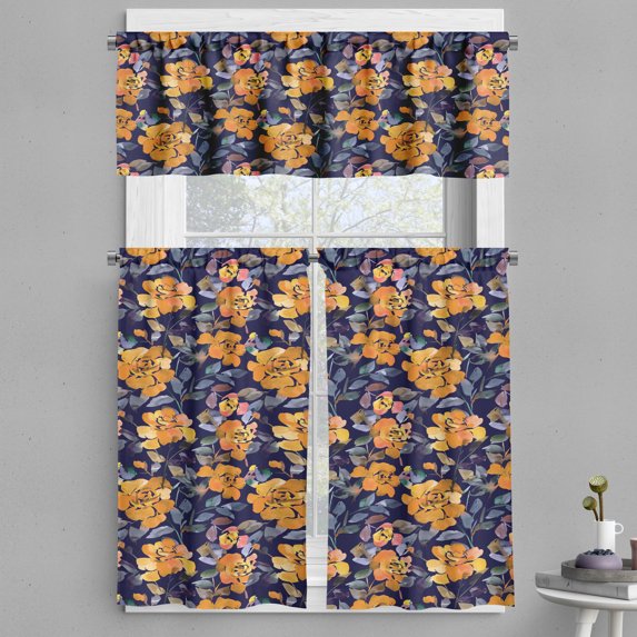 Ambesonne Flowers Valance & Curtain, Floral Watercolor Abstract, 55"x24", Indigo Marigold Ceil Blue