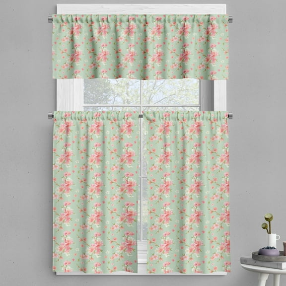 Ambesonne Flowers Valance & Curtain, Retro Spring Blossoms, 55"x45", Mint Pink
