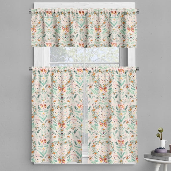 Ambesonne Flowers Valance & Curtain, Vintage Hearts Ribbons, 55"x45", Beige Mint