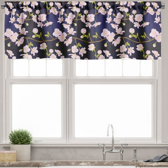 Ambesonne Flowers Valance Pack of 2, Blooming Sakura Nature Art, 54"X12", Rose Yellow Green and Indigo