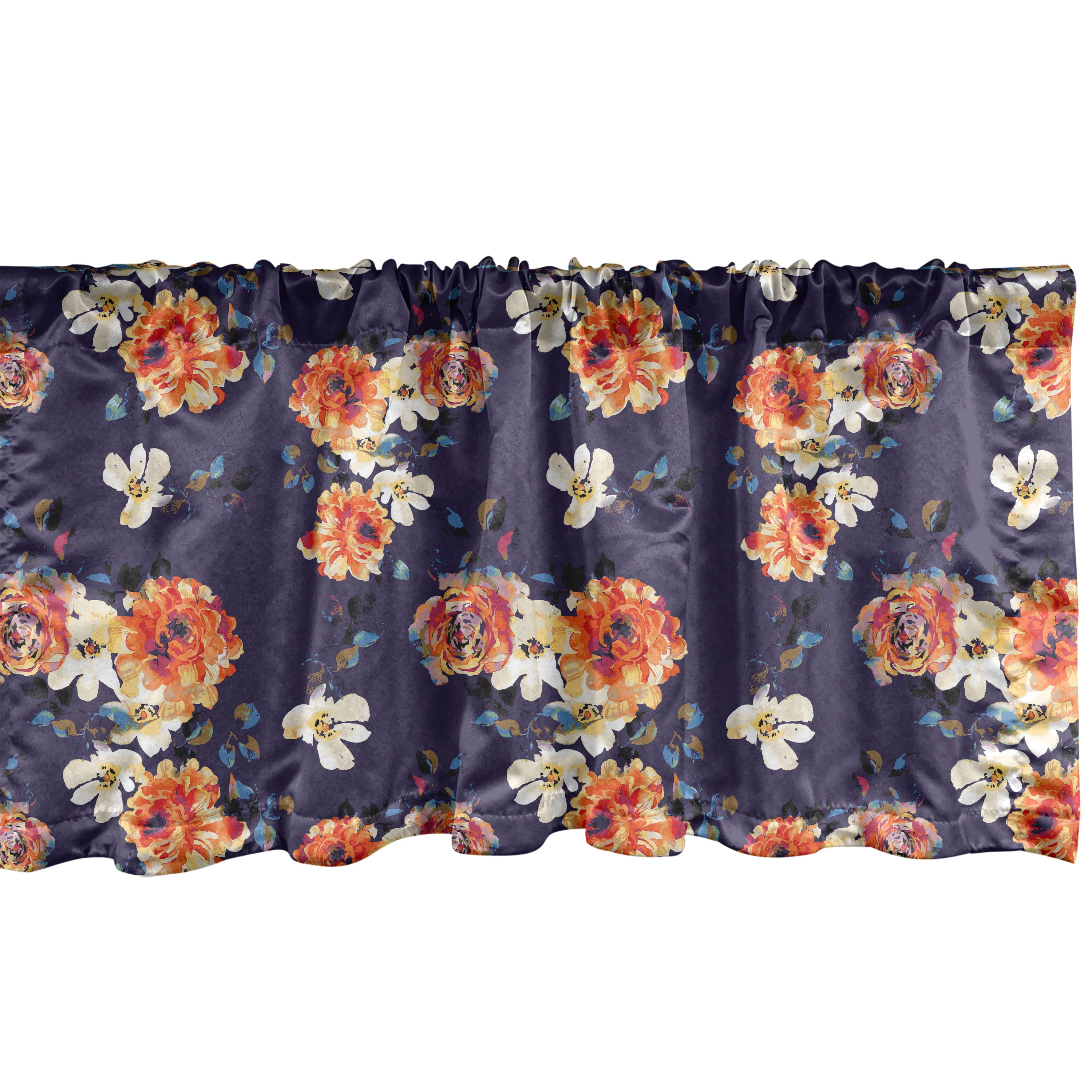 Rust and Dark Blue Floral Satin Rod Pocket Valance, 54" x 12", 2 Pack