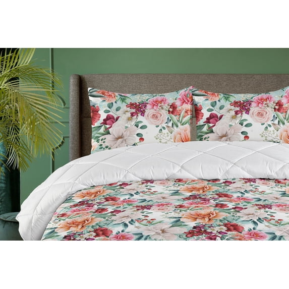 Ambesonne Flowers Vintage Down Alternative Quilt Comforter, Boho Dreamy Floral, Twin, Jade Green Burnt Sienna