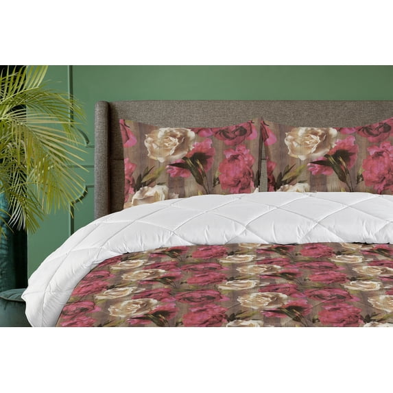 Ambesonne Flowers Vintage Down Alternative Quilt Comforter, Nostalgic Peony Art, Twin XL, Hot Pink Champagne