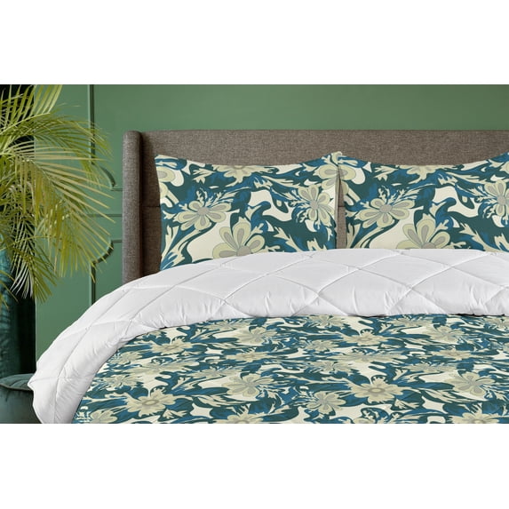 Ambesonne Flowers Vintage Down Alternative Quilt Comforter, Wild Jungle Boho, Full, Avocado Green Cream