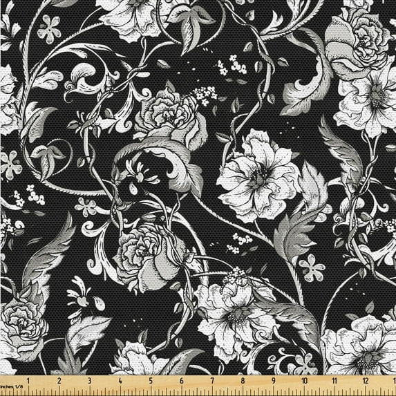 Ambesonne Flowers Vintage Fabric by the Yard Upholstery, Bohemian Garden Art, 3 Yards, Charcoal Grey White