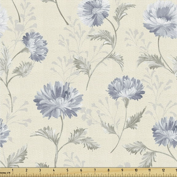 Ambesonne Flowers Vintage Fabric by the Yard Upholstery, Boho Springtime Art, 5 Yards, Pale Ceil Blue Pale Grey
