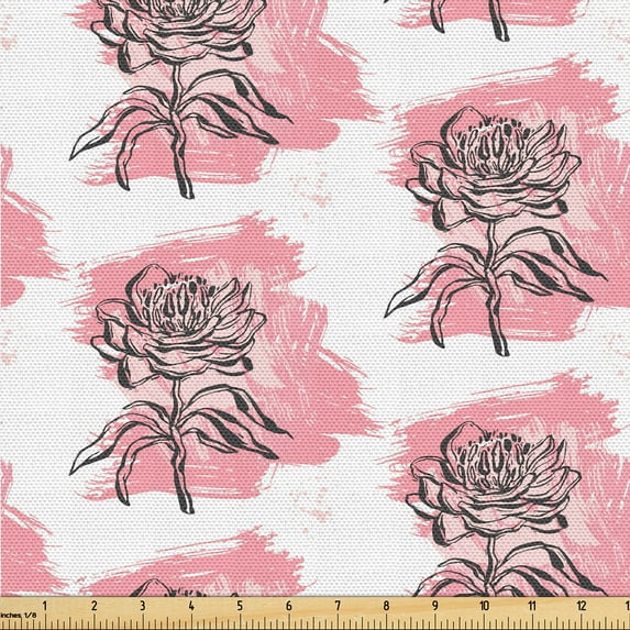 Ambesonne Flowers Vintage Fabric by the Yard Upholstery, Linear Rose Sketch, 3 Yards, Pastel Pink Charcoal Grey