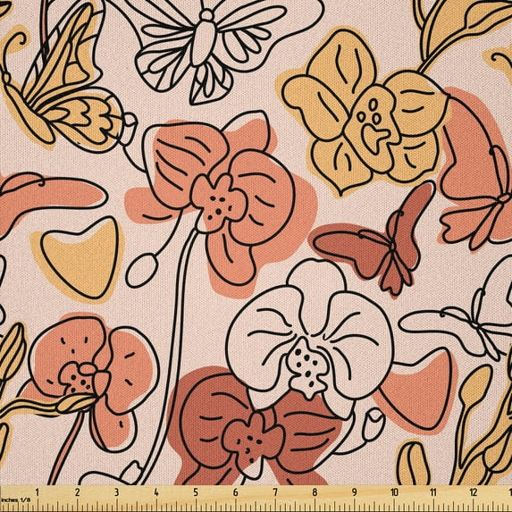 Ambesonne Flowers Vintage Fabric by the Yard Microfiber, Orchids Butterflies, 3 Yards, Salmon Sand Brown