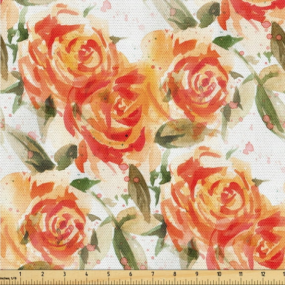 Ambesonne Flowers Vintage Fabric by the Yard, Retro Rose Floral, 2 Yards, Vermilion Peacock Green