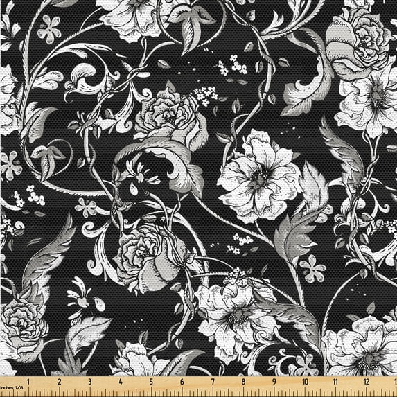 Ambesonne Flowers Vintage Fabric by the Yard Upholstery, Bohemian Garden Art, 1 Yard, Charcoal Grey White