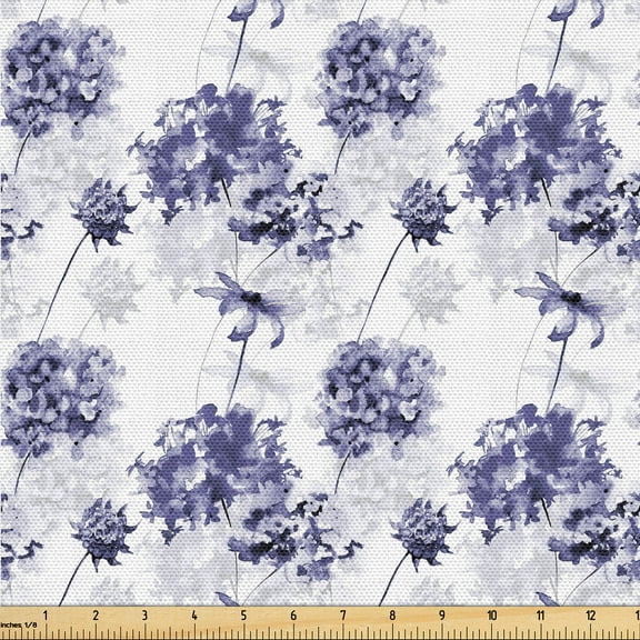 Ambesonne Flowers Vintage Fabric by the Yard Upholstery, Hydrangea Pattern, 2 Yards, Dark Lavender Ceil Blue