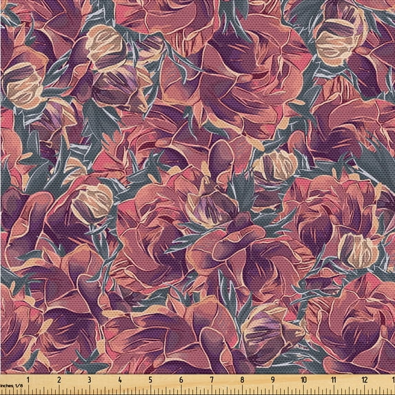 Ambesonne Flowers Vintage Fabric by the Yard Upholstery, Melancholic Floral, 10 Yards, Dark Teal Pale Ruby Plum