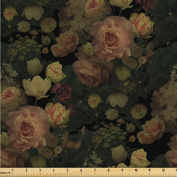 Ambesonne Flowers Vintage Fabric by the Yard Upholstery, Night Rose Pattern, 3 Yards, Pale Ruby and Pale Green