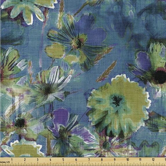 Ambesonne Flowers Vintage Fabric by the Yard Upholstery, Peony Pattern Aster, 5 Yards, Dark Sky Blue Apple Green