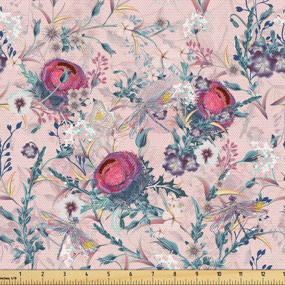 Ambesonne Flowers Vintage Fabric by the Yard Upholstery, Romantic Boho Bloom, 1 Yard, Pale Pink Dark Coral